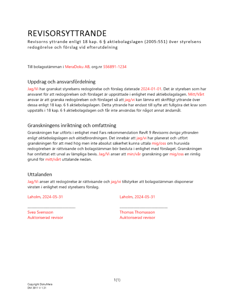 Revisorsyttrande enl 18 kap 6 § ABL (Utdelning)