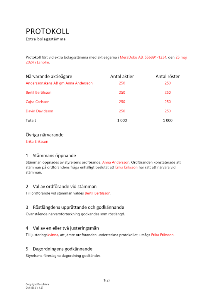 Protokoll extra bolagsstämma ändring av styrelse