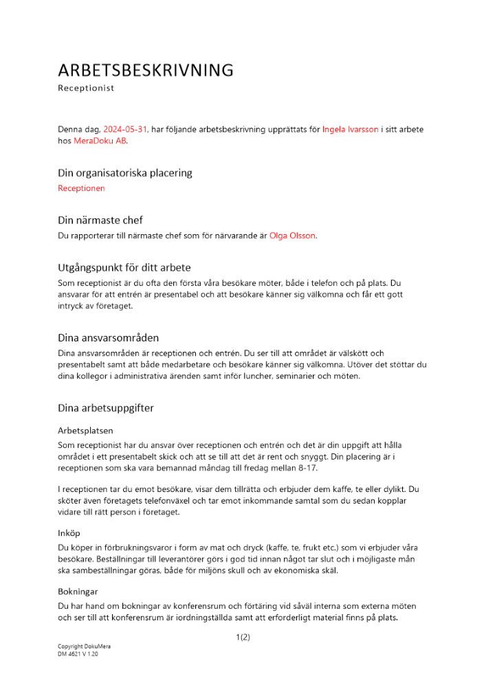 Arbetsbeskrivning receptionist 2024