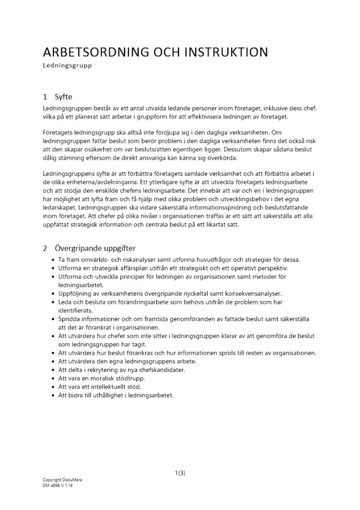 Arbetsordning och instruktion ledningsgrupp