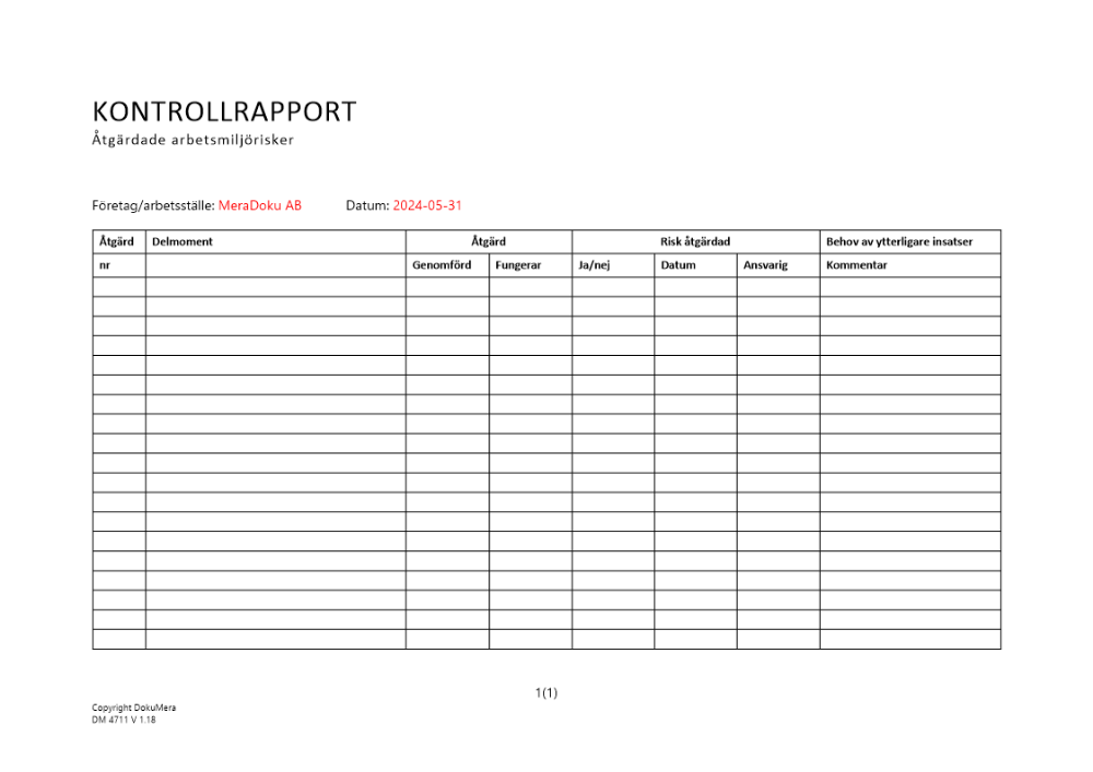 Kontrollrapport för åtgärdade arbetsmiljörisker