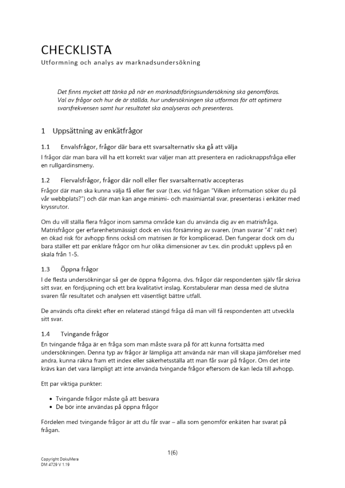 Checklista Utformning Och Analys Av Marknadsunders kning DokuMera