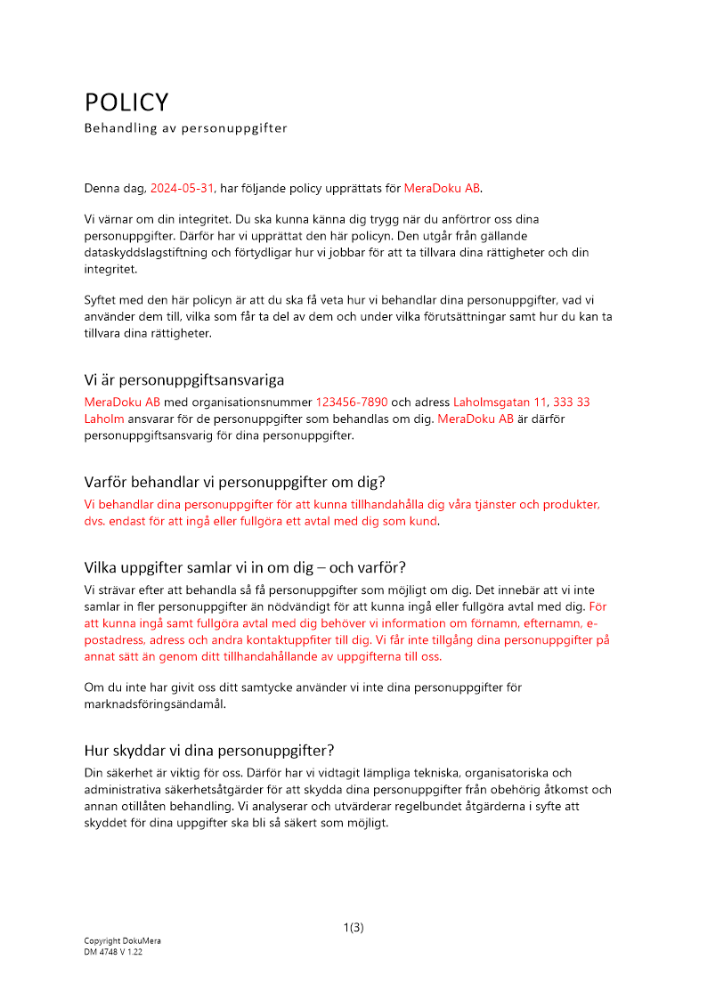 Policy för behandling av personuppgifter 2024