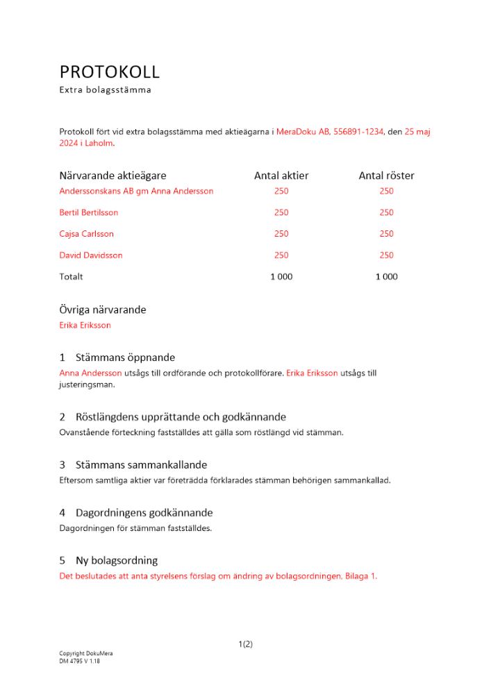 Protokoll extra bolagsstämma sammanläggning av aktier (omvänd split) 2024