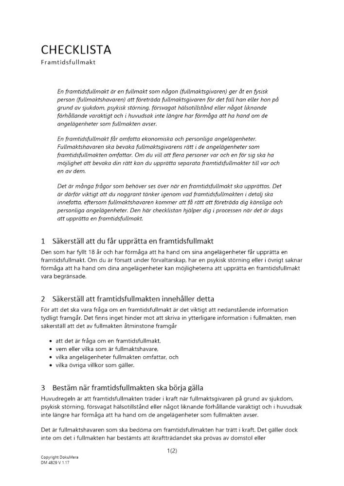 Checklista framtidsfullmakt