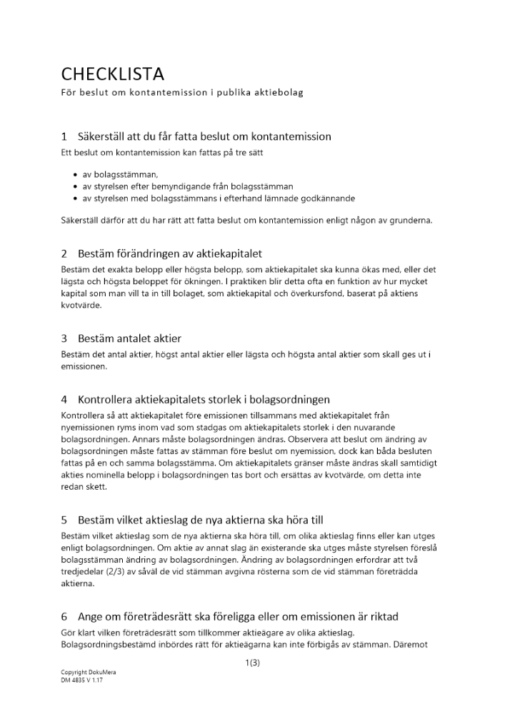 Checklista beslut om kontantemission - Publikt AB