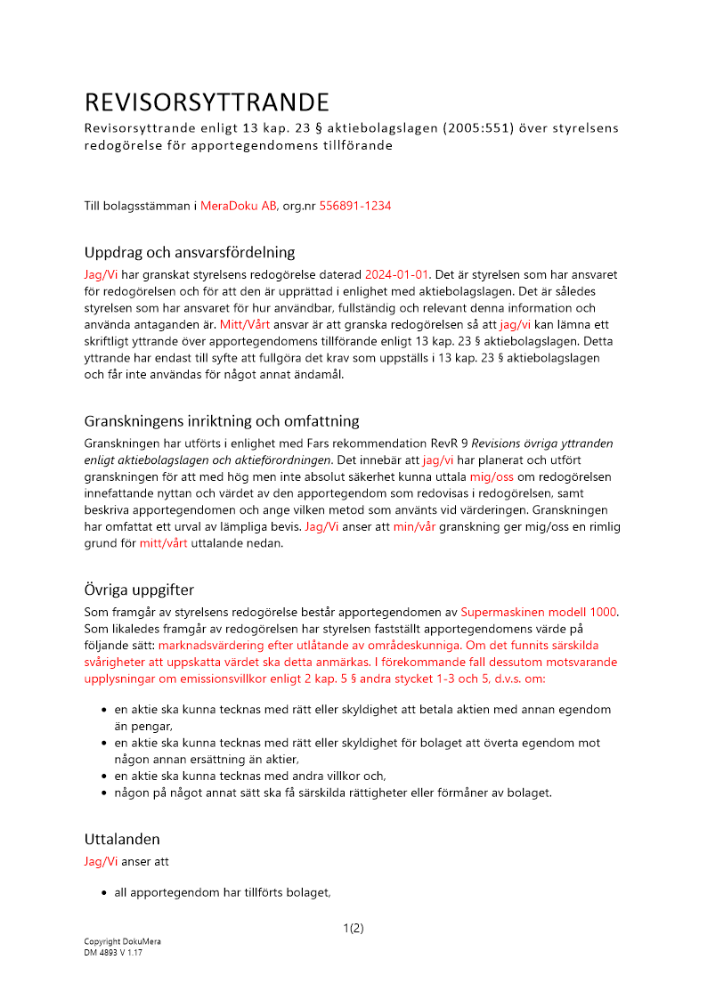 Revisorsyttrande enl 13 kap 23 § ABL (Apportemission)