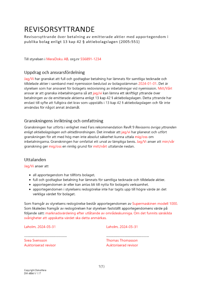 Revisorsyttrande enl 13 kap 42 § ABL (Emission med apportegendom) 2024