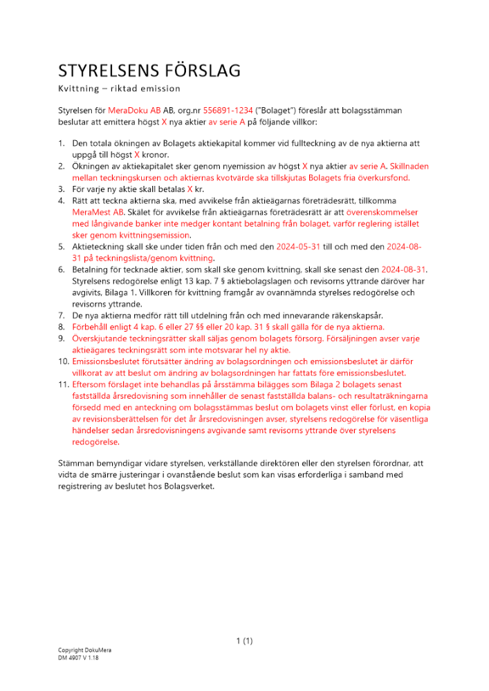 Styrelsens förslag - Riktad emission - kvittning - Privat avstämningsbolag 2024