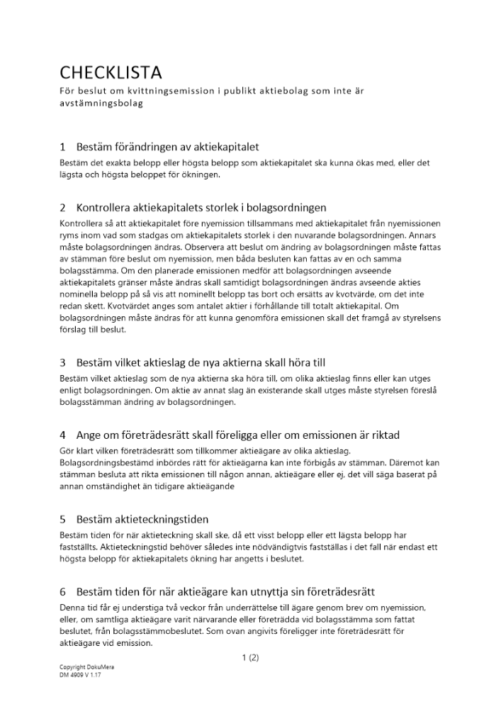 Checklista - Beslut kvittningsemission publikt AB