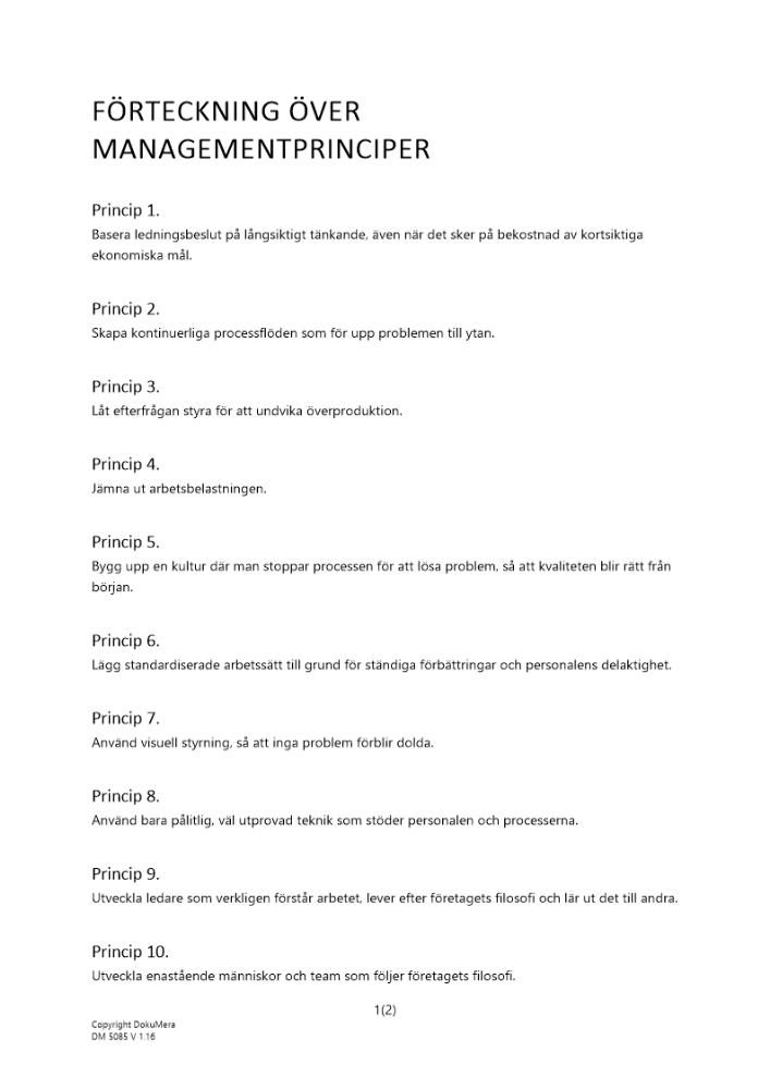 Förteckning - managementprinciper