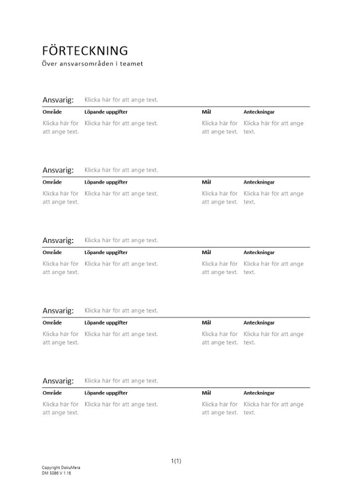 Förteckning - Ansvarsområden i team
