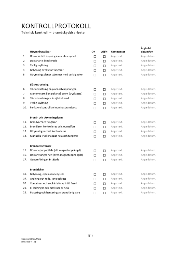 Kontrollprotokoll - teknisk kontroll brandskyddsarbete