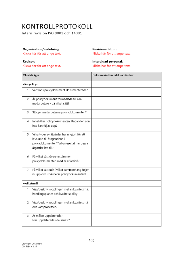 Kontrollprotokoll - intern revision ISO 9001 och 14001