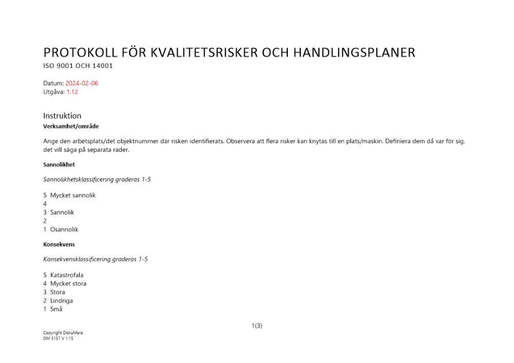 Protokoll för kvalitetsrisker och handlingsplaner ISO 9001 och 14001