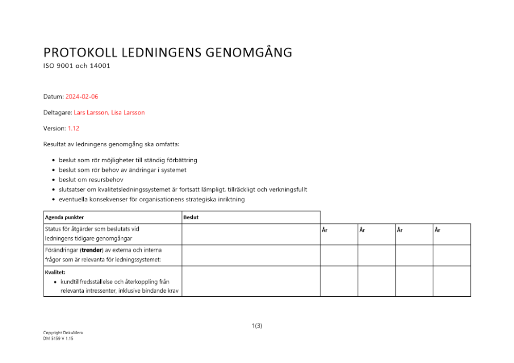 Protokoll ledningens genomgång av ISO 9001 och 14001 2024