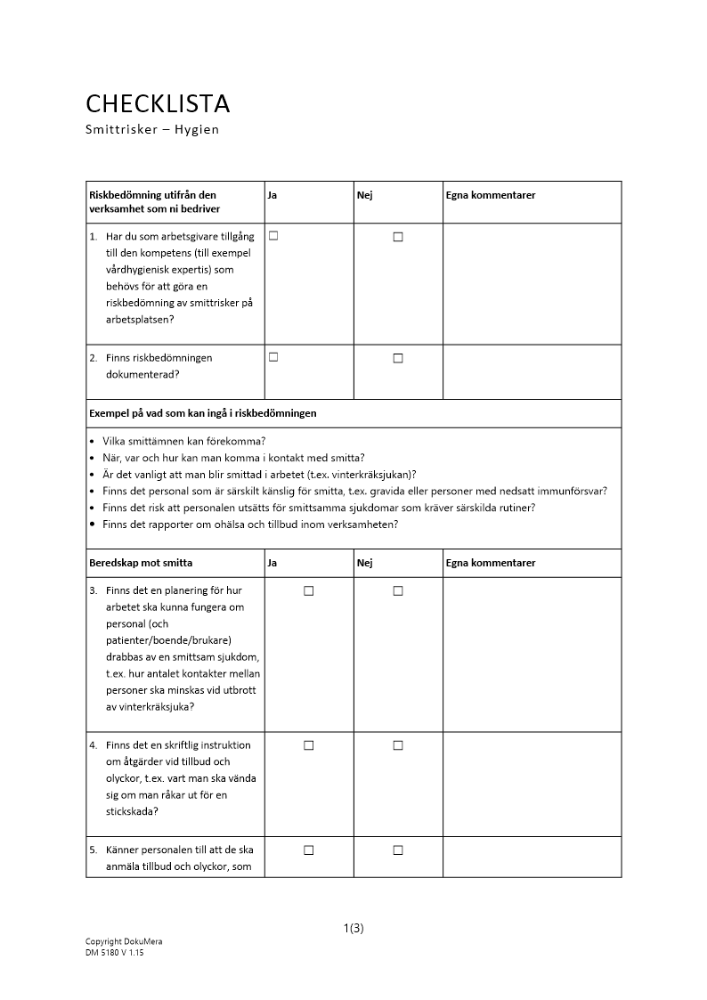 Checklista smittrisker och hygien 2024