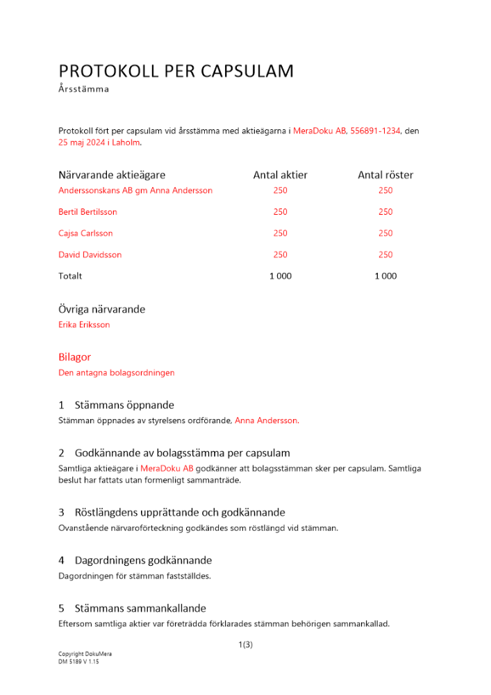 Protokoll från årsstämma - Privat (Per capsulam)