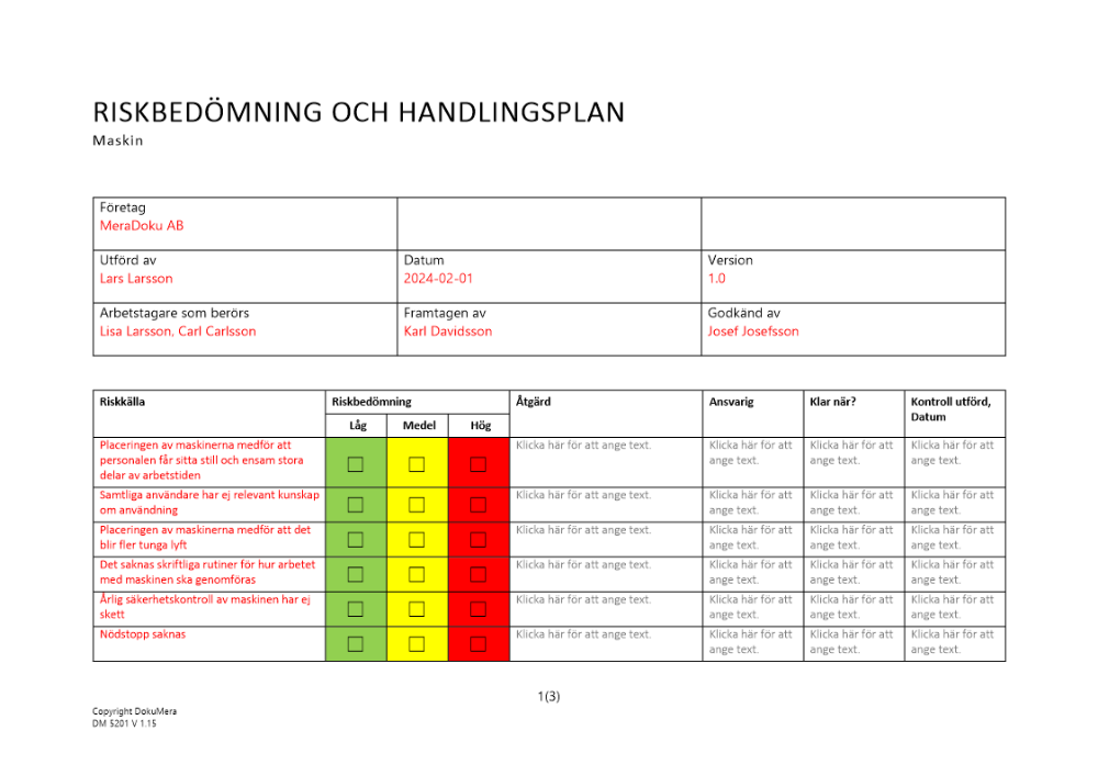 Riskbedömning och handlingsplan - maskin