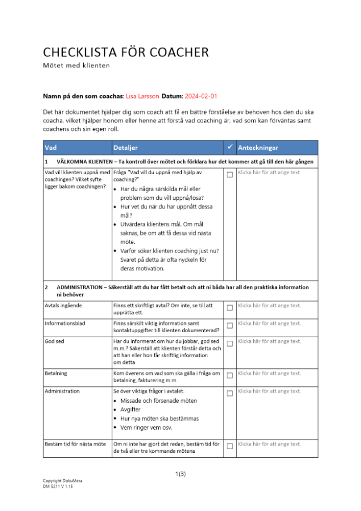 Checklista för coacher - mötet med klienten