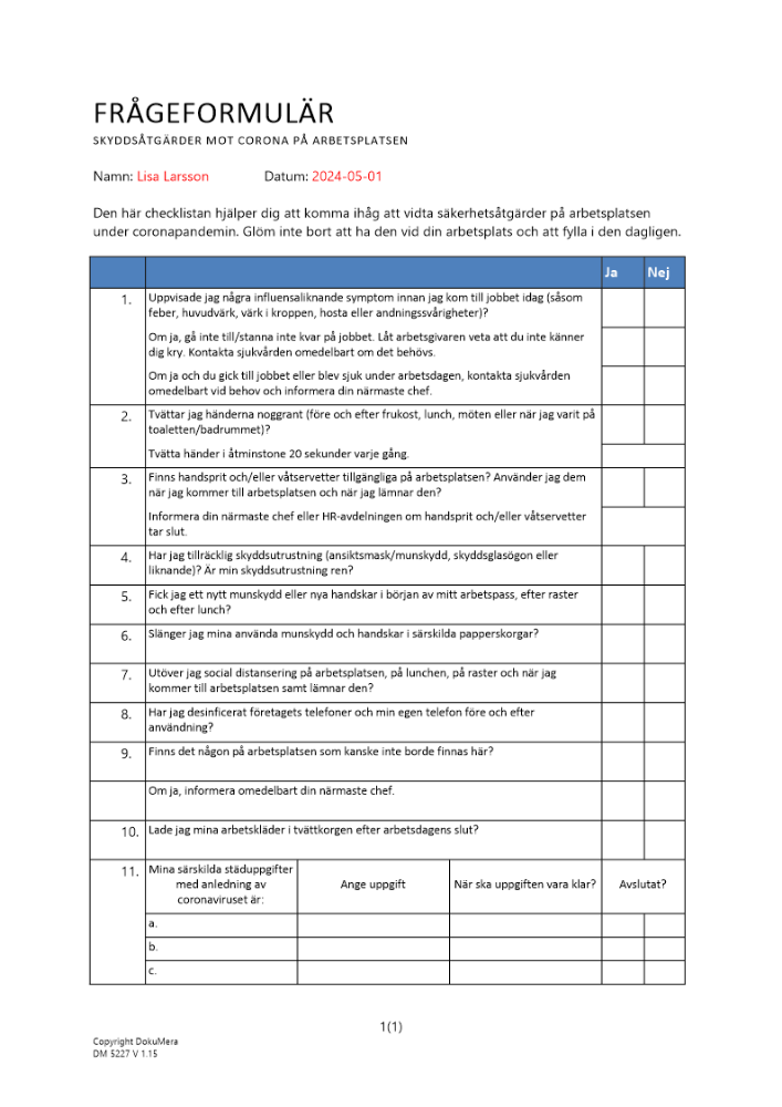 Frågeformulär - skyddsåtgärder corona på arbetsplatsen
