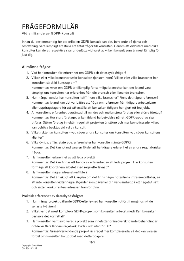 Frågeformulär vid anlitande av GDPR-konsult 2024