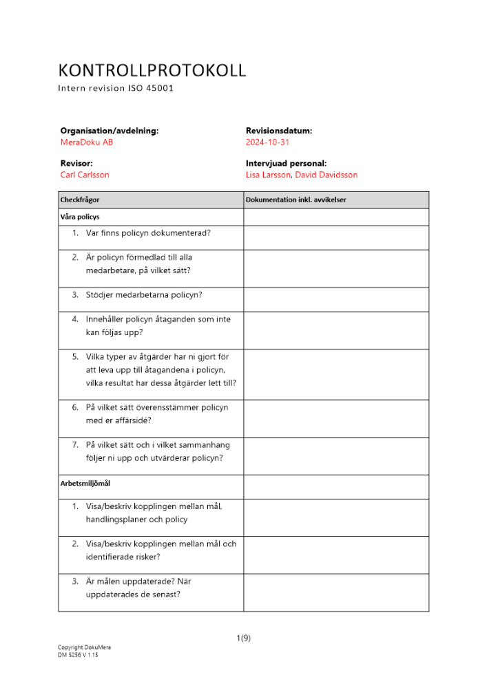 Kontrollprotokoll - intern revision ISO 45001 2024