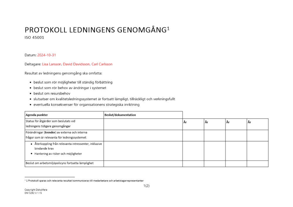 Protokoll ledningens genomgång av ISO 45001 2024