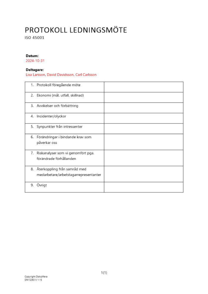 Protokoll ledningsmöte ISO 45001 2024