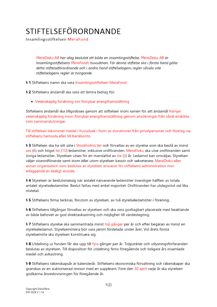 Stiftelseurkund (stiftelseförordnande) samt stadgar 2024