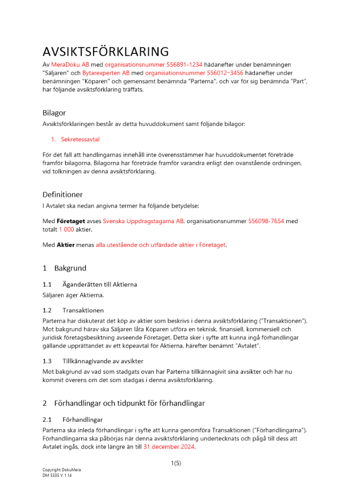 Avsiktsförklaring förvärv (letter of intent)