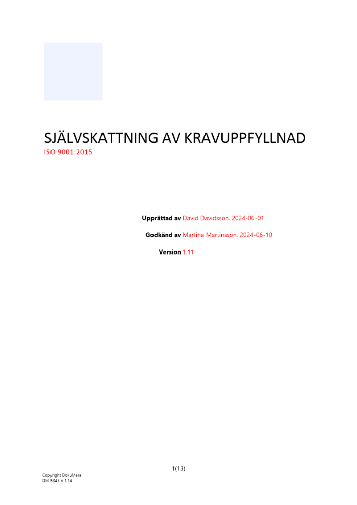 Självskattning av kravuppfyllnad ISO 9001 2024