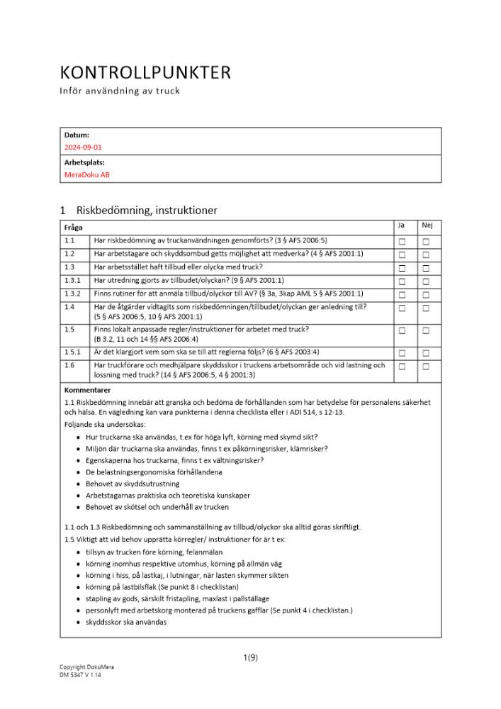 Kontrollpunkter inför användning av truck 2024
