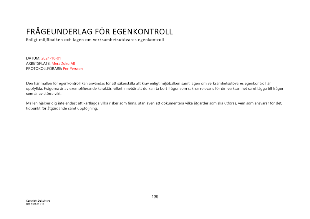 Frågeunderlag för egenkontroll enligt miljöbalken 2024