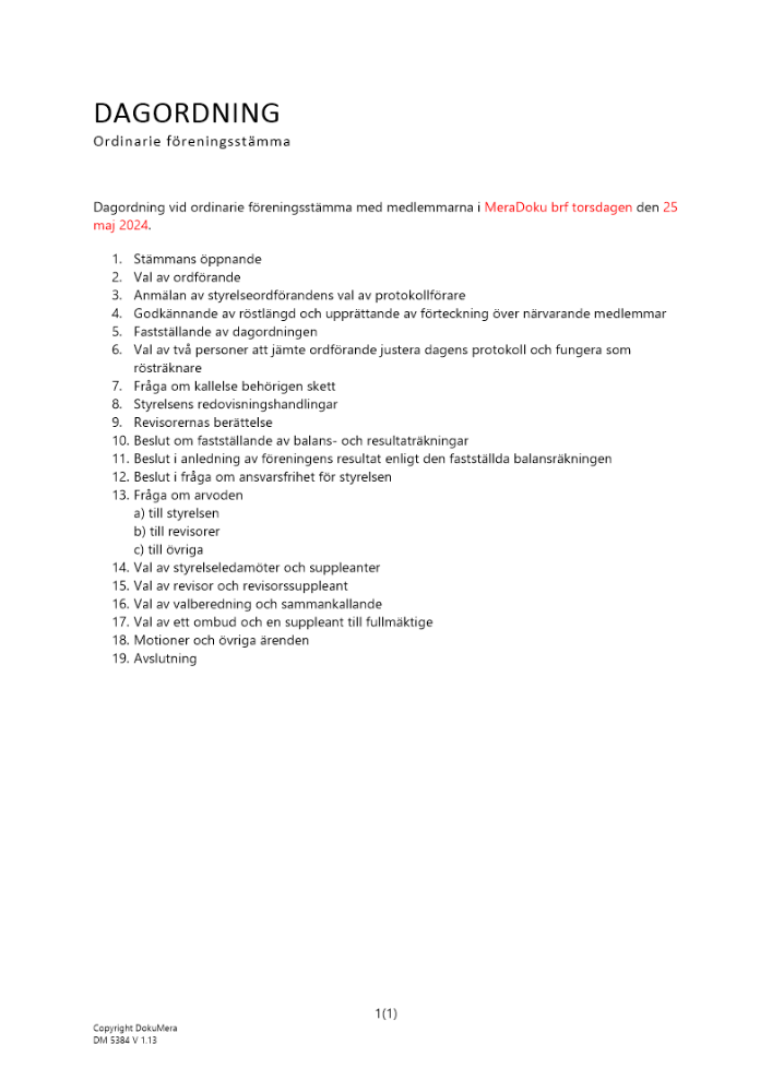 Dagordning ordinarie föreningsstämma - bostadsrättsförening 2024