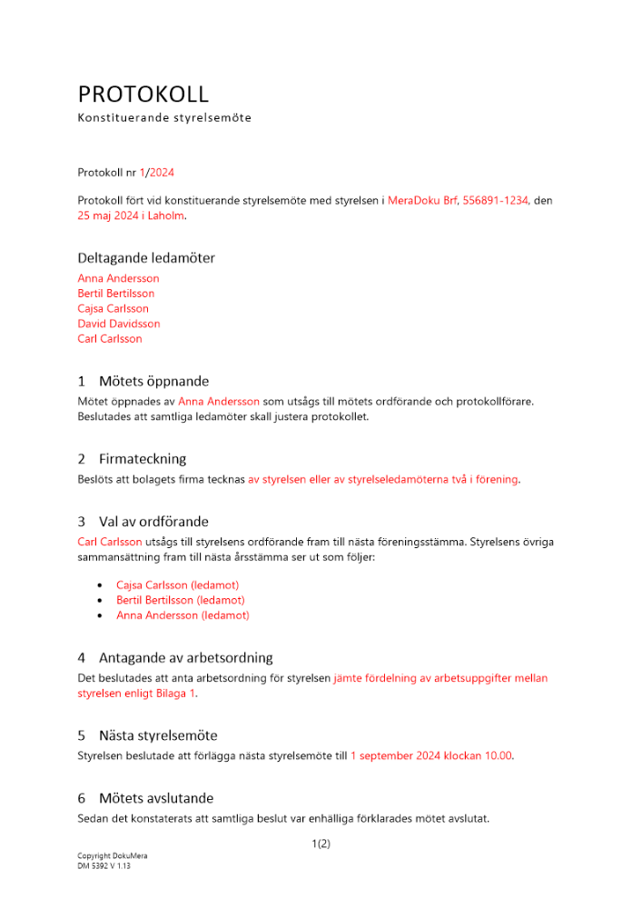 Styrelsemöte - Protokoll från konstituerande styrelsemöte i brf