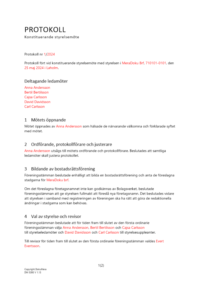 Protokoll - konstituerande stämma i brf 2024