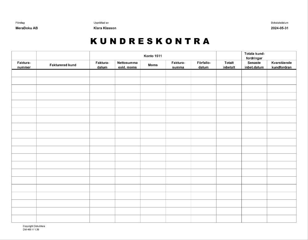 Kundreskontra - 1 sida, 20 fakturor