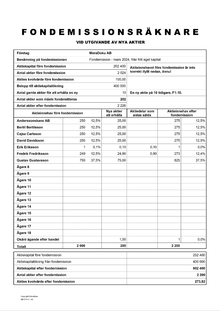 Fondemissionsräknare - vid utgivande av nya aktier