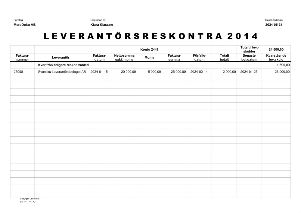 Leverantörsreskontra 1 sida 20 fakturor