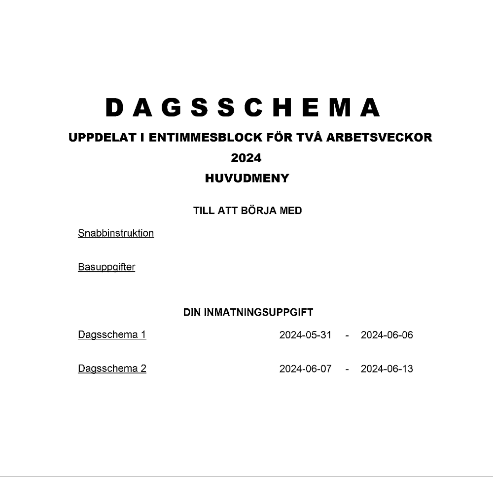 Dagsschema 1 tim 2 arbetsveckor 1 objekt 2024