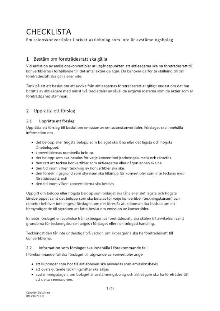 Checklista – emission av konvertibler privat AB