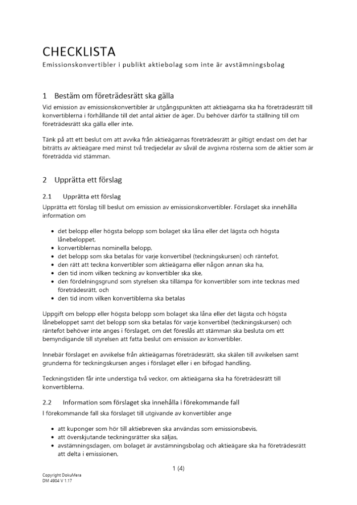 Checklista – emission av konvertibler publikt AB