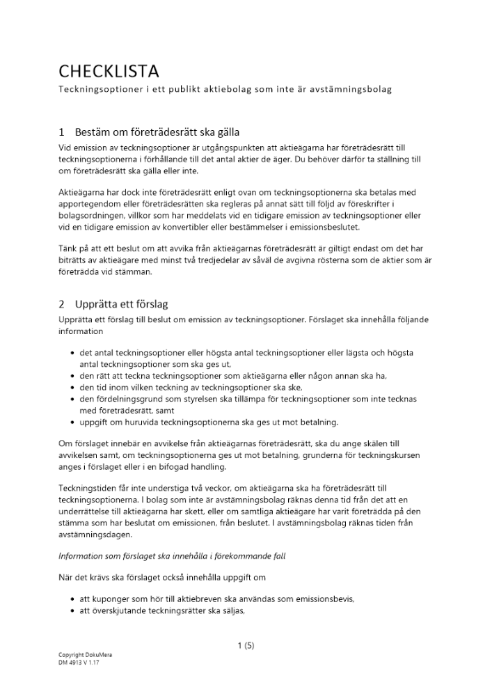 Checklista – Teckningsoptioner publikt AB 2024