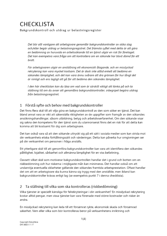 Checklista – Bakgrundskontroll och utdrag ur belastningsregister
