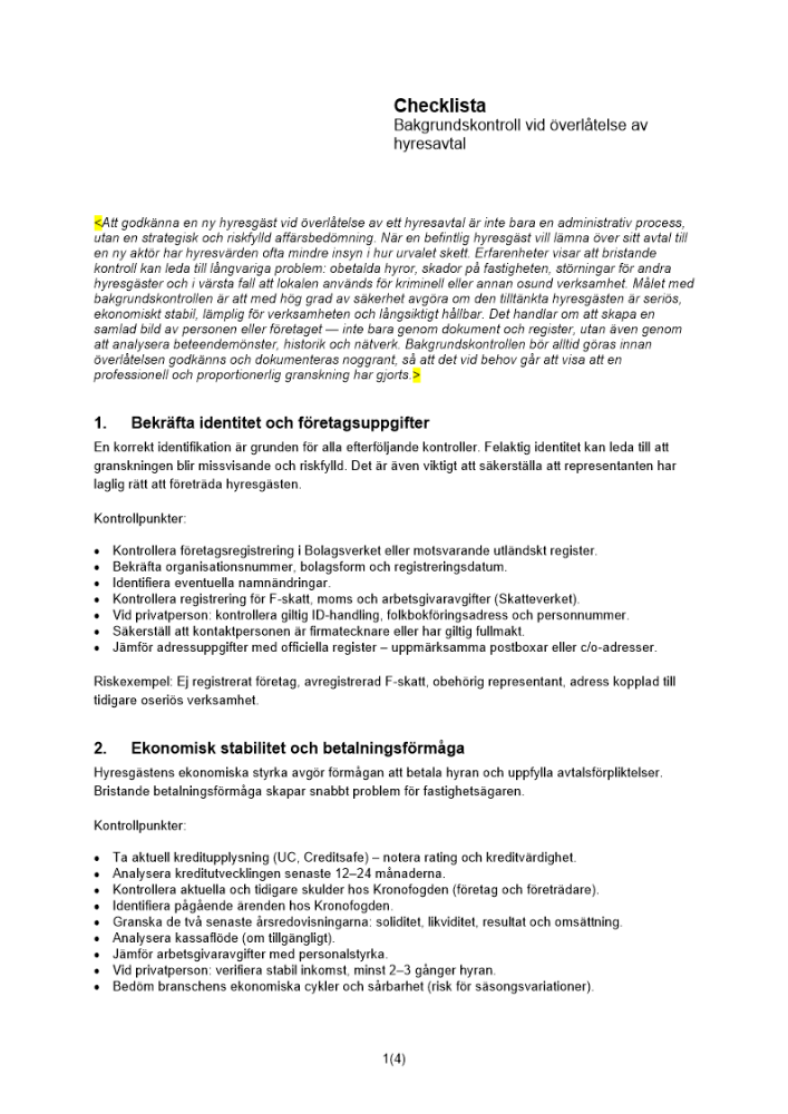 Checklista – Bakgrundskontroll vid överlåtelse av hyresavtal 