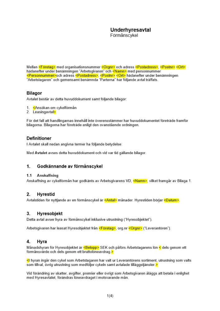 Underhyresavtal - cykelförmån