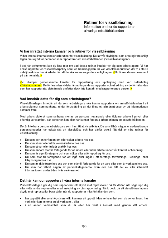Rutiner för visselblåsning - information till anställd