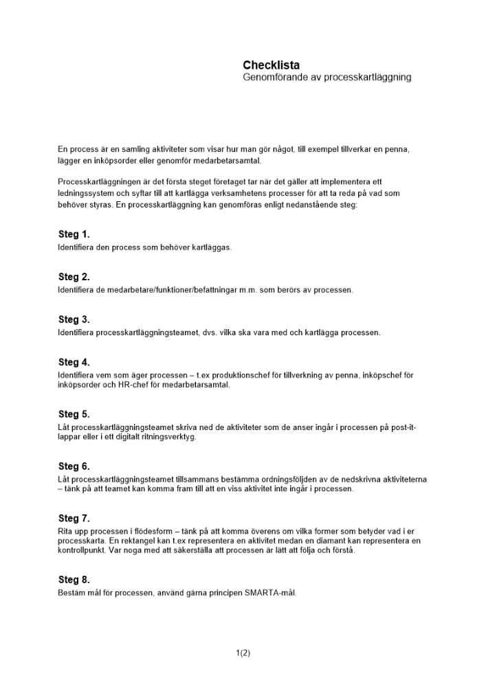 Checklista - genomförande av processkartläggning