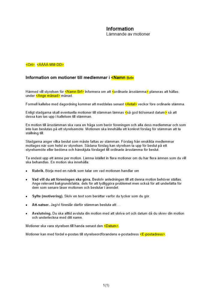 Information om motion till medlem i brf
